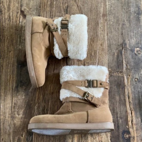 Guess Shoes - Guess Gazzie Brown Faux Suede Fur Buckle Boot 10